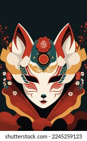 illustrationof kitsune mask artwork with sakura flower, japanese mask vector wall art print japan style