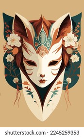 ilustraciones de arte con máscara kitsune con flor sakura, máscara japonesa de arte vectorial de pared impresión estilo japón