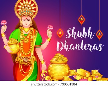 Illustration,Poster Or Banner Design For Indian Festival Of Dhanteras With Beautiful Goddess Maa Laxmi Take Shiny Golden Coin Pot On Decorated Background.