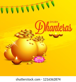 illustration,poster or banner with golden shiny pot filled with gold coins for indian dhanteras diwali festival  background. 