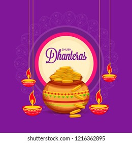 illustration,poster or banner with golden shiny pot filled with gold coins for indian dhanteras diwali festival  background. 