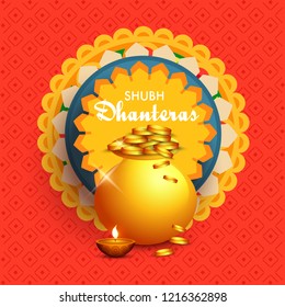 illustration,poster or banner with golden shiny pot filled with gold coins for indian dhanteras diwali festival  background. 