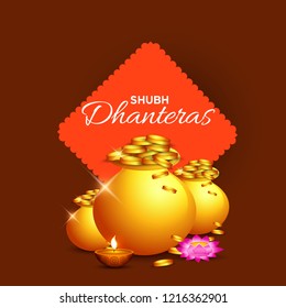 illustration,poster or banner with golden shiny pot filled with gold coins for indian dhanteras diwali festival  background. 