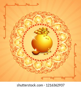 illustration,poster or banner with golden shiny pot filled with gold coins for indian dhanteras diwali festival  background. 
