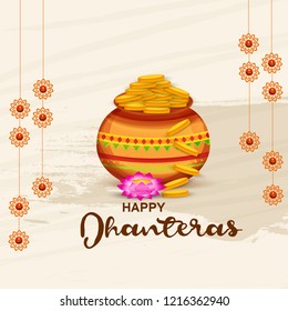 illustration,poster or banner with golden shiny pot filled with gold coins for indian dhanteras diwali festival  background. 