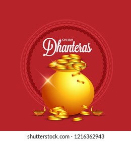 illustration,poster or banner with golden shiny pot filled with gold coins for indian dhanteras diwali festival  background. 