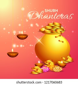 illustration,poster or banner with golden shiny pot filled with gold coins for indian dhanteras diwali festival background.
