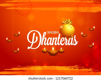 illustration,poster or banner with golden shiny pot filled with gold coins for indian dhanteras diwali festival background.