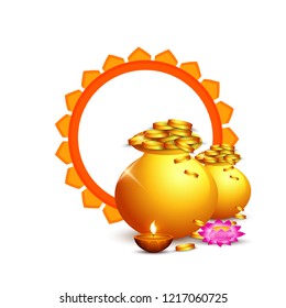 illustration,poster or banner with golden shiny pot filled with gold coins for indian dhanteras diwali festival background.