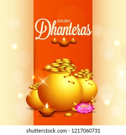 illustration,poster or banner with golden shiny pot filled with gold coins for indian dhanteras diwali festival background.