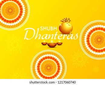 illustration,poster or banner with golden shiny pot filled with gold coins for indian dhanteras diwali festival background.