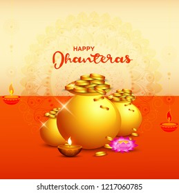 illustration,poster or banner with golden shiny pot filled with gold coins for indian dhanteras diwali festival background.