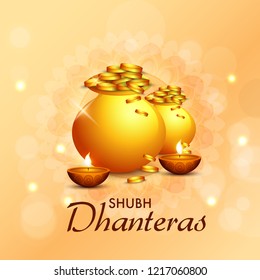illustration,poster or banner with golden shiny pot filled with gold coins for indian dhanteras diwali festival background.