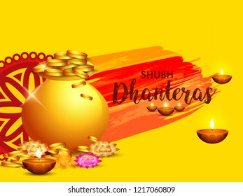 illustration,poster or banner with golden shiny pot filled with gold coins for indian dhanteras diwali festival background.