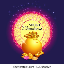 illustration,poster or banner with golden shiny pot filled with gold coins for indian dhanteras diwali festival background.