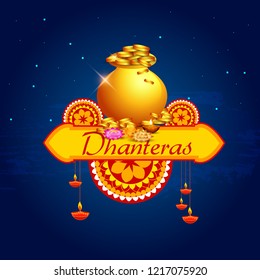 illustration,poster or banner with golden shiny pot filled with gold coins for indian dhanteras diwali festival background.