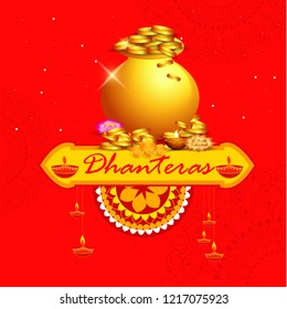 illustration,poster or banner with golden shiny pot filled with gold coins for indian dhanteras diwali festival background.