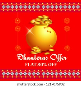 illustration,poster or banner with golden shiny pot filled with gold coins for indian dhanteras diwali festival background.