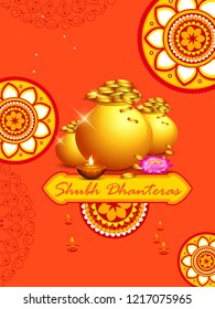 illustration,poster or banner with golden shiny pot filled with gold coins for indian dhanteras diwali festival background.