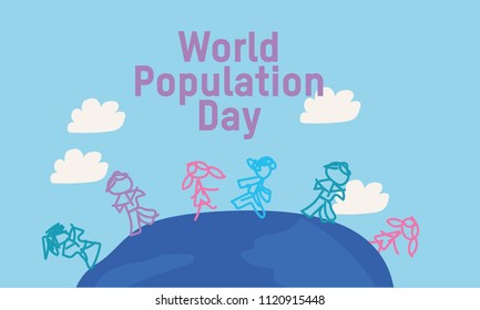 Illustration,Poster Or banner Of World Population day. Sketch and doodle flat outline design style.
