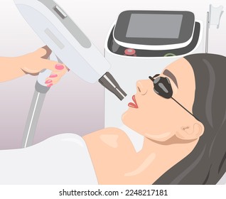 Ilustración.Eliminación del maquillaje permanente en los labios de una mujer.Carbono descascarillado en un salón de belleza. Tratamiento de cosmetología de hardware.