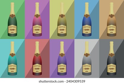 Illustrations of 10 Bottles of Champagne, Various Colors, Green, Pink, Gold, Blue, Red, Black and more... Cheers, Happy New Year