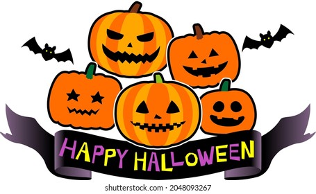 Illustrations of 5 types of Jack O Lanterns, HAPPY HALLOWEEN ribbon decorations, and bats.
