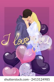 Illustrations for an A4 postcard, for an anniversary, for Valentine's Day, and just to say I love you. Flat illustrations with a woman and a man kissing.