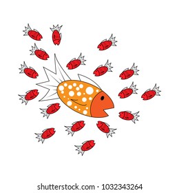 Illustrations about big fish are outdone by many small fish