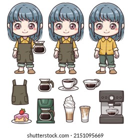 Illustrations about cute cafe shop cartoon, Barista girl and coffee element clipart cartoon isolated on white background, For use as part of logo design, sticker and many more.