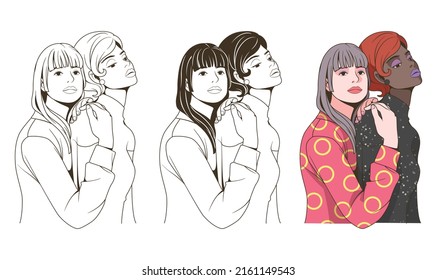 Illustrations about line art portrait beautiful woman, Two women embracing each other, Best Friends, Friendship concept vector illustration, For use as part of logo design, sticker and many more.