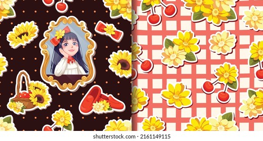 Illustrations about lolita girl and yellow flower patern, Seamless pattern wallpaper, For use as part of logo design, sticker and many more.