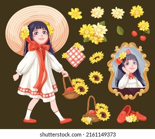 Illustrations about lolita girl and yellow flower cartoon, Girl wearing a wide brimmed hat, yellow flowers and other cute elements illustration, For use as part of logo design, sticker and many more.