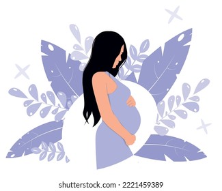 Illustrations about pregnancy and motherhood. Happy pregnant woman holding her belly. Decorated beautiful leaves. Vector illustration.