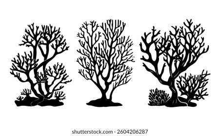Illustrations of abstract coral formations.  Black silhouette linocut illustration.