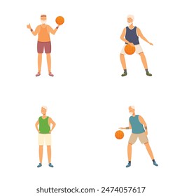 Illustrations of active elderly men playing and holding a basketball with gusto