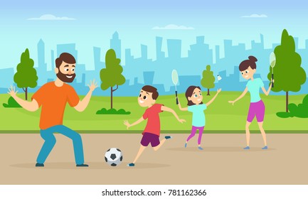 Ilustraciones de padres activos jugando juegos deportivos en un parque urbano. Parejas familiares divertidas al estilo de las caricaturas. Juego familiar juntos, bádminton y jugar vector de fútbol