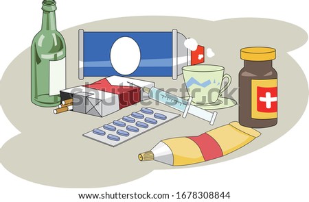 Illustrations of addictive substances such as alcohol, cigarettes, drugs, and butane gas.