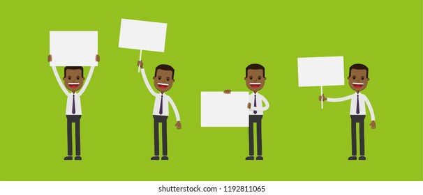 Illustrations of african american businessman holding a sign in different positions