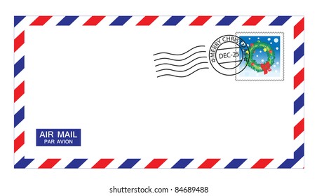 illustrations of airmail envelope with christmas stamps and post mark.