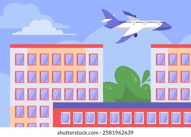 Illustrations of an airplane soaring in the blue sky above houses and trees. Drawing in a flat style