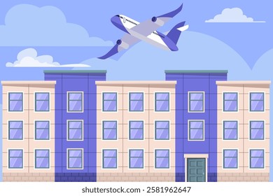 Illustrations of an airplane soaring in the blue sky above houses and trees. Drawing in a flat style