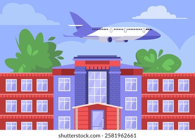 Illustrations of an airplane soaring in the blue sky above houses and trees. Drawing in a flat style