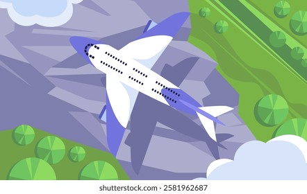 Illustrations of an airplane soaring in the blue sky above a picturesque green landscape. Top view. Drawing in a flat style