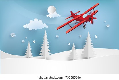 illustrations of airplanes crossing snow hills in winter. design paper art and handicraft