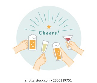 Illustrations of alcohol, glasses, and hands toasting.
For parties, events, restaurants, and other occasions.
There are beer, wine, cocktails, etc.