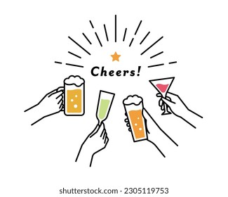 Illustrations of alcohol, glasses, and hands toasting.
For parties, events, restaurants, and other occasions.
There are beer, wine, cocktails, etc.