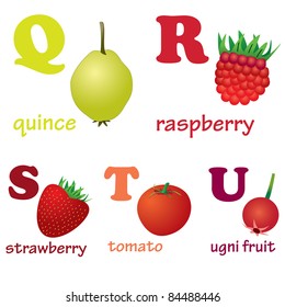 Illustrations of alphabet letters from Q to U with pictures of fruits