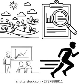 Illustrations of analysis, teaching, and running isolated on white background, Vector