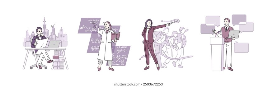 Illustrations of analysts of various occupations: architect, logician, commander, debater